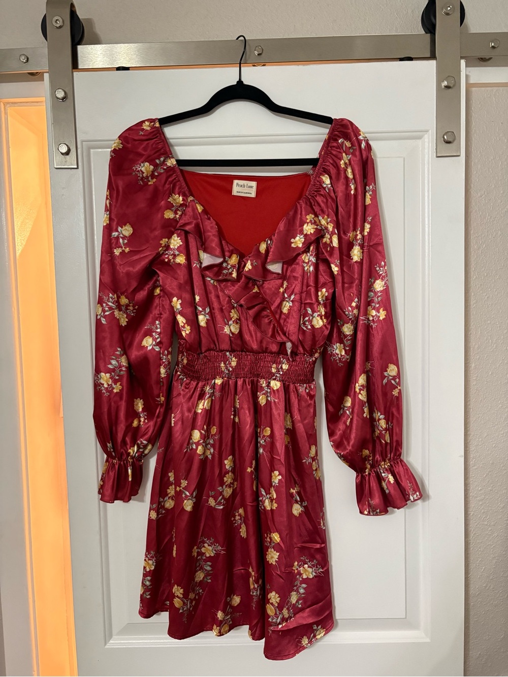 Peach Love California Red Floral Ruffled Long-Sleeve Mini Dress